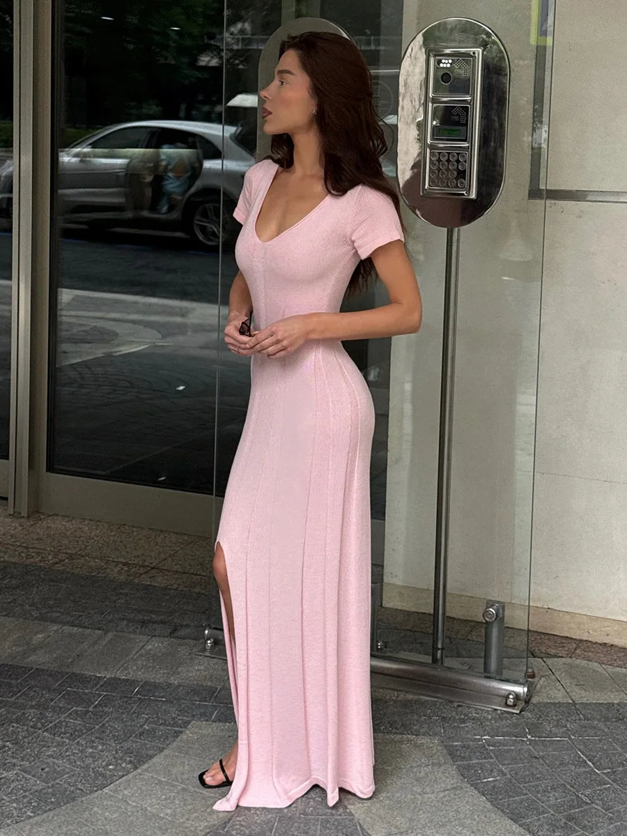 Ribbed Knit Maxi Dress for Women Deep V Neck High Slit Patchwork Party Dress