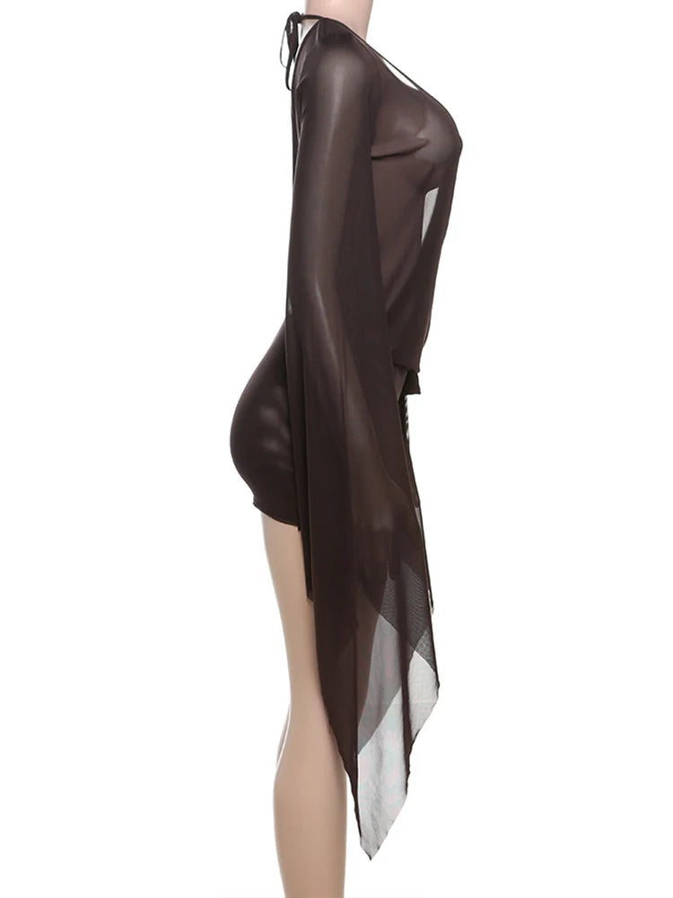 Kliou Mesh Irregular See Through Women Mini Dress Long Sleeve Deep Neck Bandage