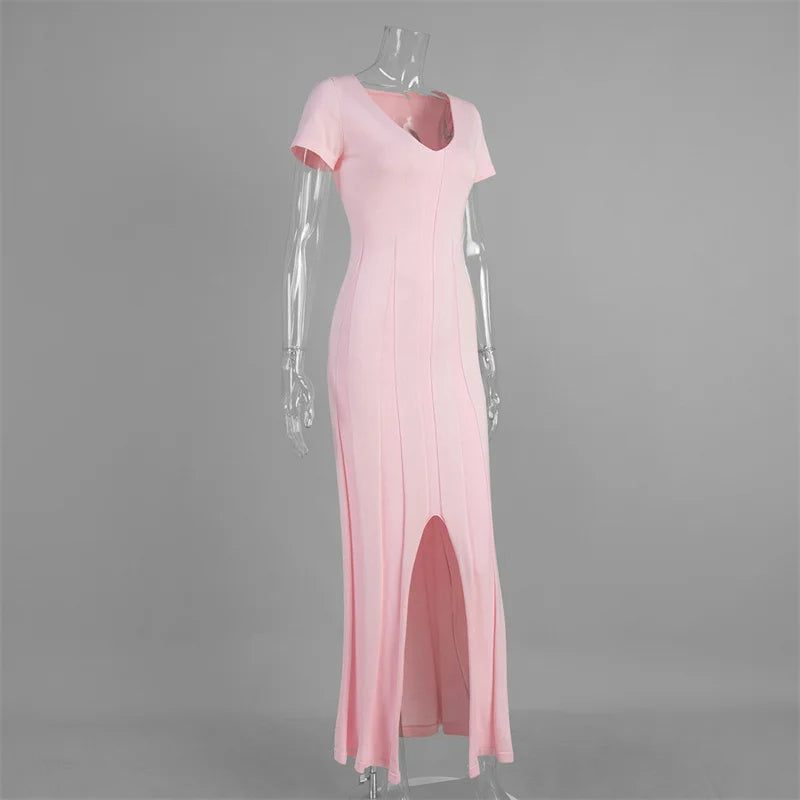 Ribbed Knit Maxi Dress for Women Deep V Neck High Slit Patchwork Party Dress