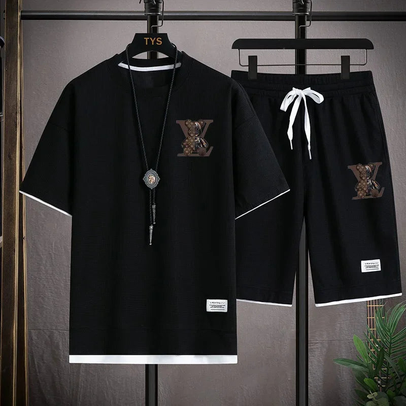 Summer new men's short-sleeved set, a fashionable outdoor casual men's short-sleeved T-shirt and sports shorts 2-piece set