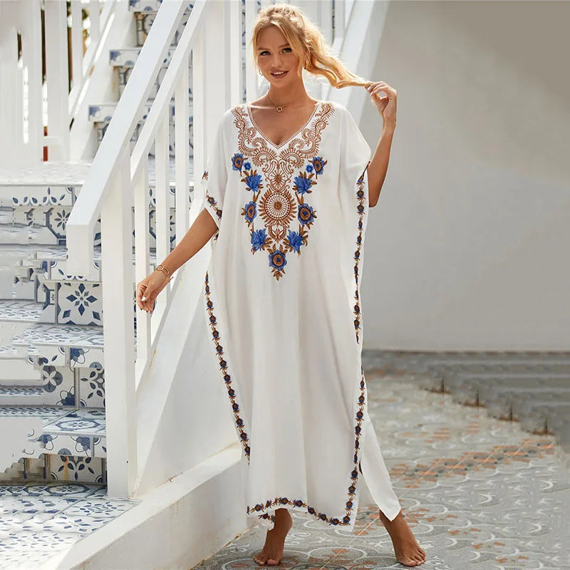 Women Plus Size Kaftan Dresses Loungewear Beach Embroidered Caftan Maxi Dress Floral Print Swimsuit Cover up Sundress