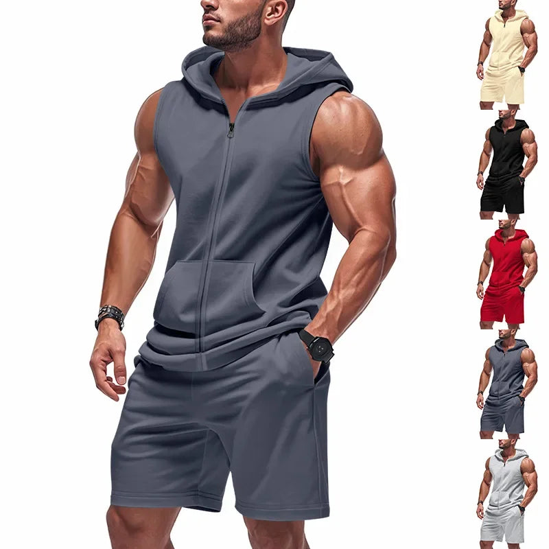 Cross Border  Summer American Men's Fitness Zip-up Hooded Loose Breathable Feature Waistcoat Shorts Tracksuit