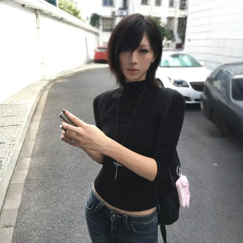 Tonngirls Y2k Japanese T-shirt Women Long Sleeve Black Half Turtleneck Tee Tops Vintage Classic Style Slim Basic Tops Streetwear
