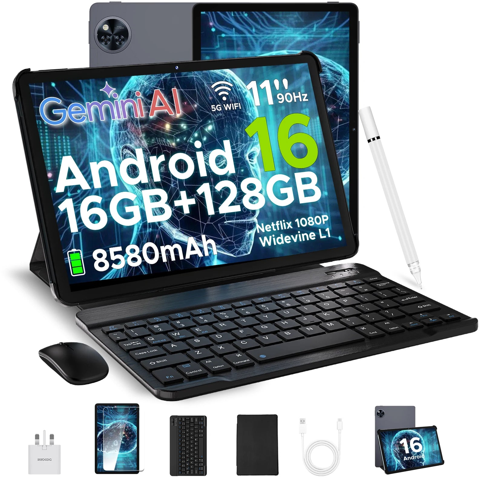 DOOGEE U11 2 in 1 Tablet PC 16GB(4+12) 128GB 11" Ultra-clear 90Hz Display Unisoc T606 8580mAh Battery  Android 16 Widevine L1