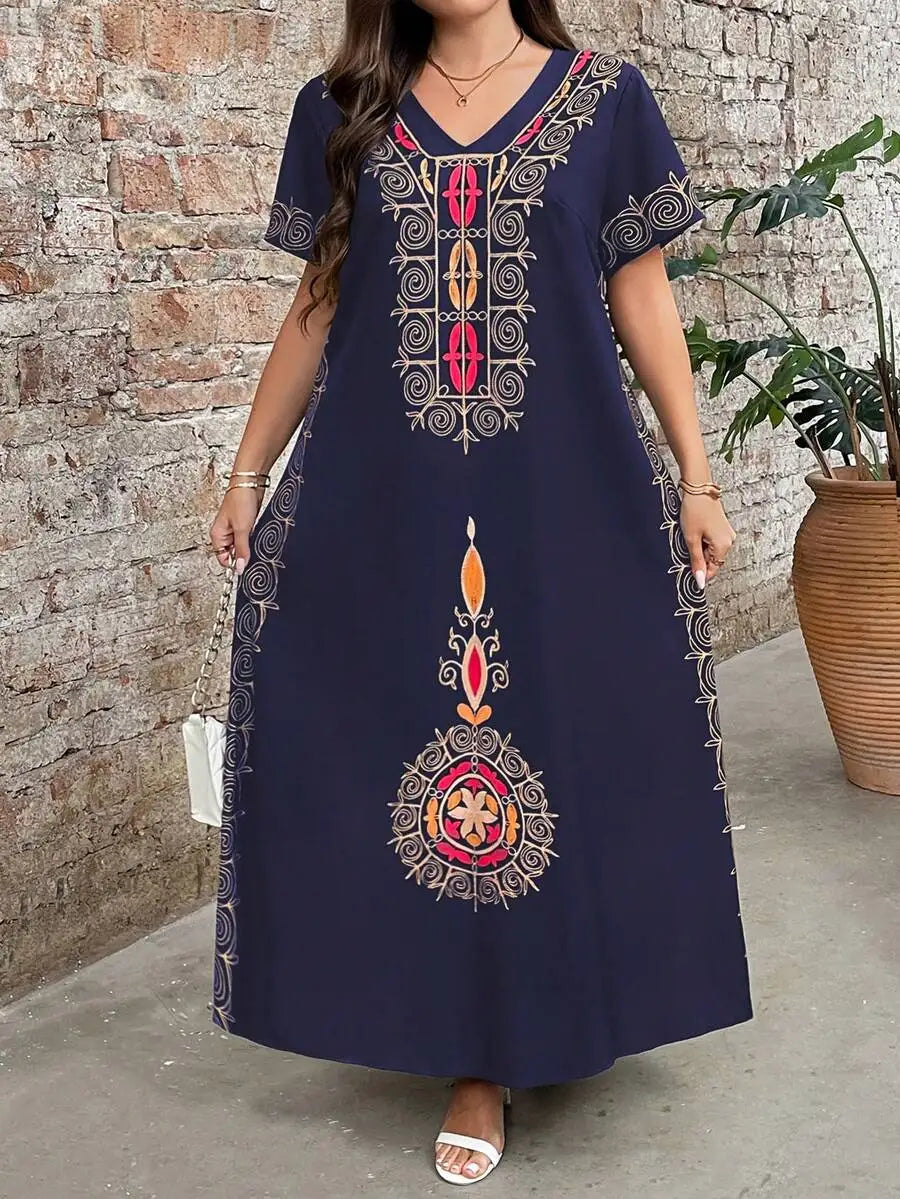 Boho Embroidered Maxi Dress V Neck Short Sleeve Loose Casual Summer Dress