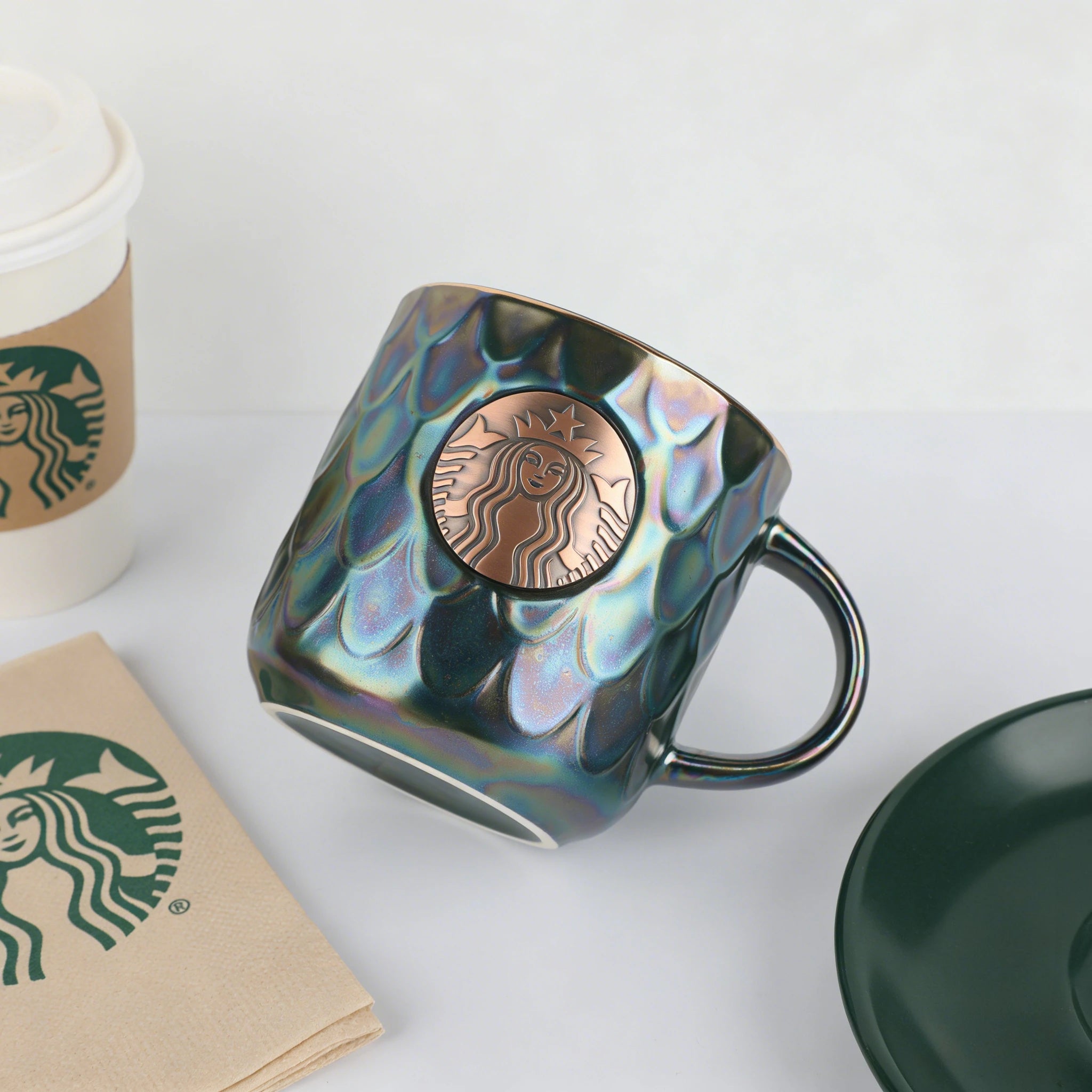 Starbucks Iridescent Green Scale Ceramic Mug 400ml with Copper Logo Gift Box for Home & Office Use