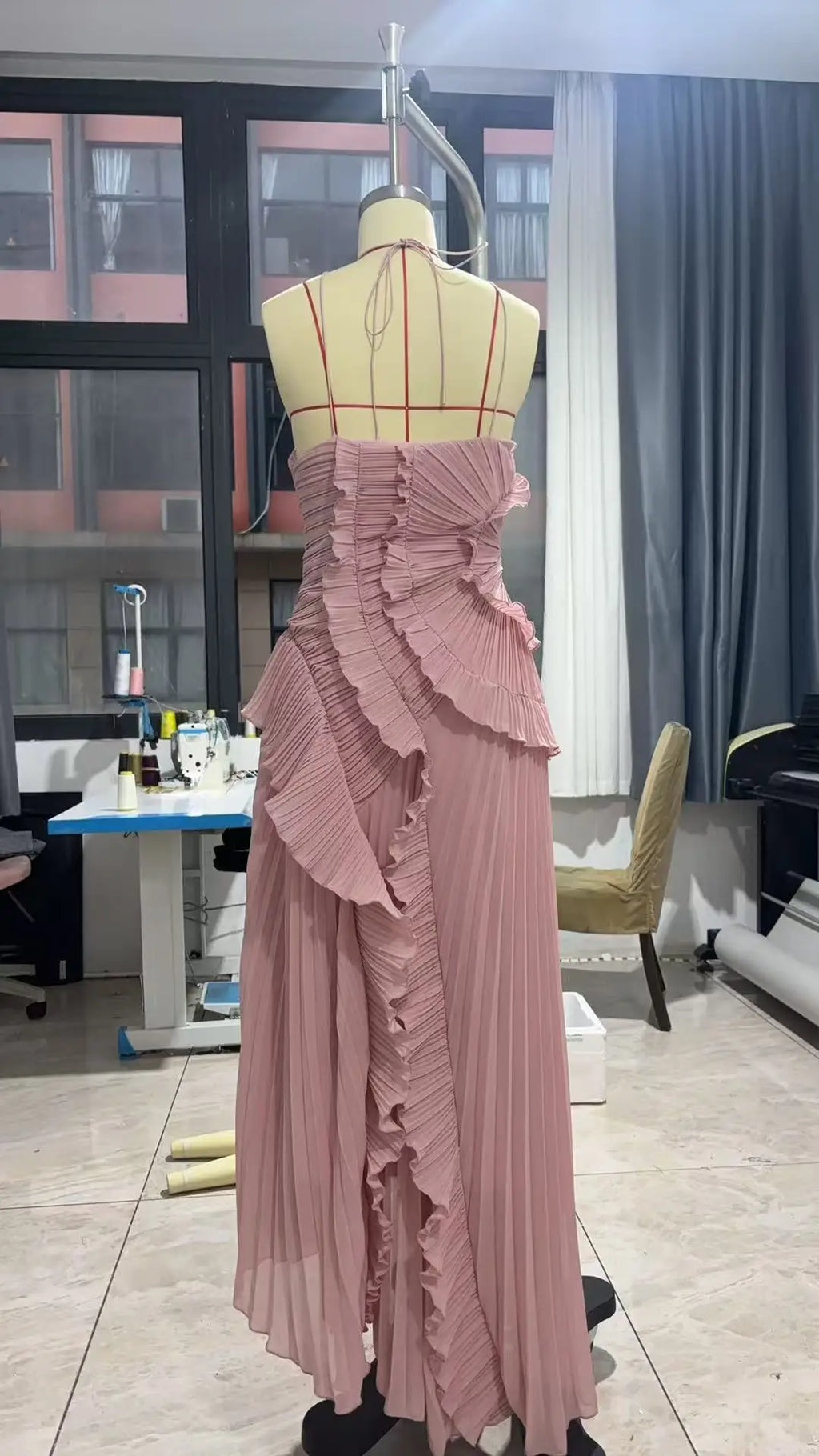 Gown Neck Strap Irregular Long Dress For Women Ruffle High Waist Backless Dress