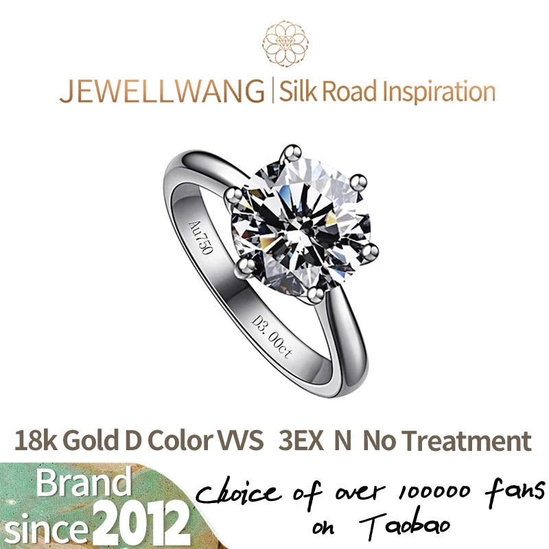 JEWELLWANG 18K Pure Gold Lab Grown Diamond Ring for Women 0.5-3.0ct D VVS Engagement/Wedding/6 Claws Luxury Synthetic Ring(IGI)