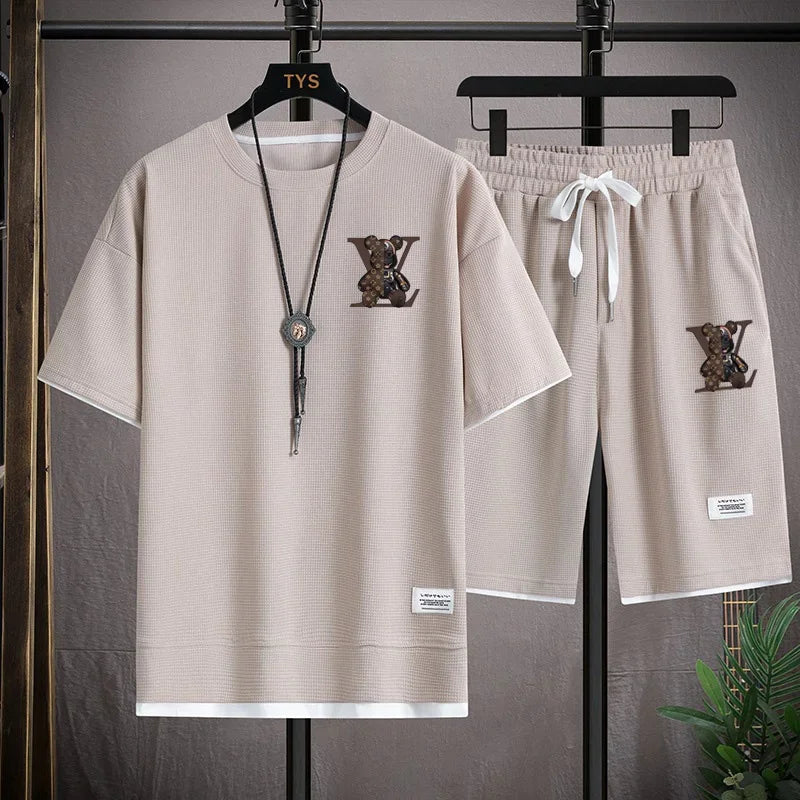Summer new men's short-sleeved set, a fashionable outdoor casual men's short-sleeved T-shirt and sports shorts 2-piece set