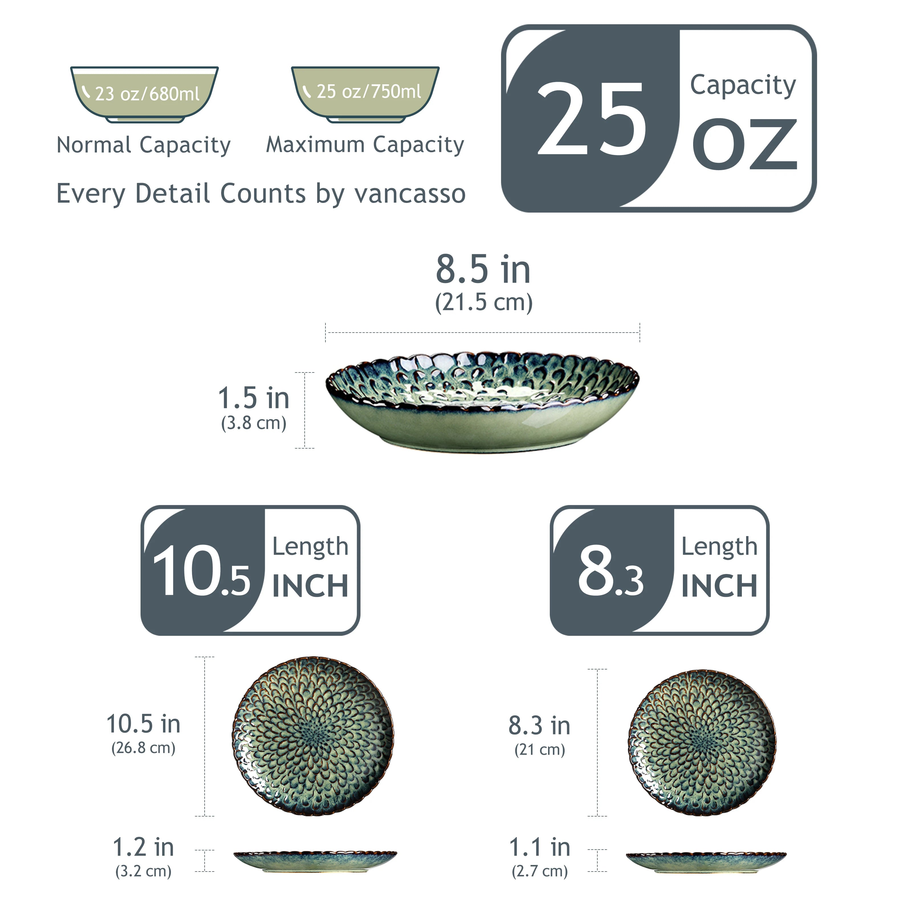 vancasso Green Dinnerware Ceramic12/24 Piece Stoneware Dinnerware Chrys Textured Ceramic Combination Set Service for 6/12 Person