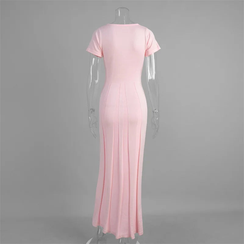 Ribbed Knit Maxi Dress for Women Deep V Neck High Slit Patchwork Party Dress