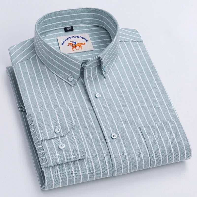 Casual Pure Cotton Oxford Mens Shirts Long Sleeve Embroidery Horse Design Regular Fit Fashion Button Man White Dress Shirt