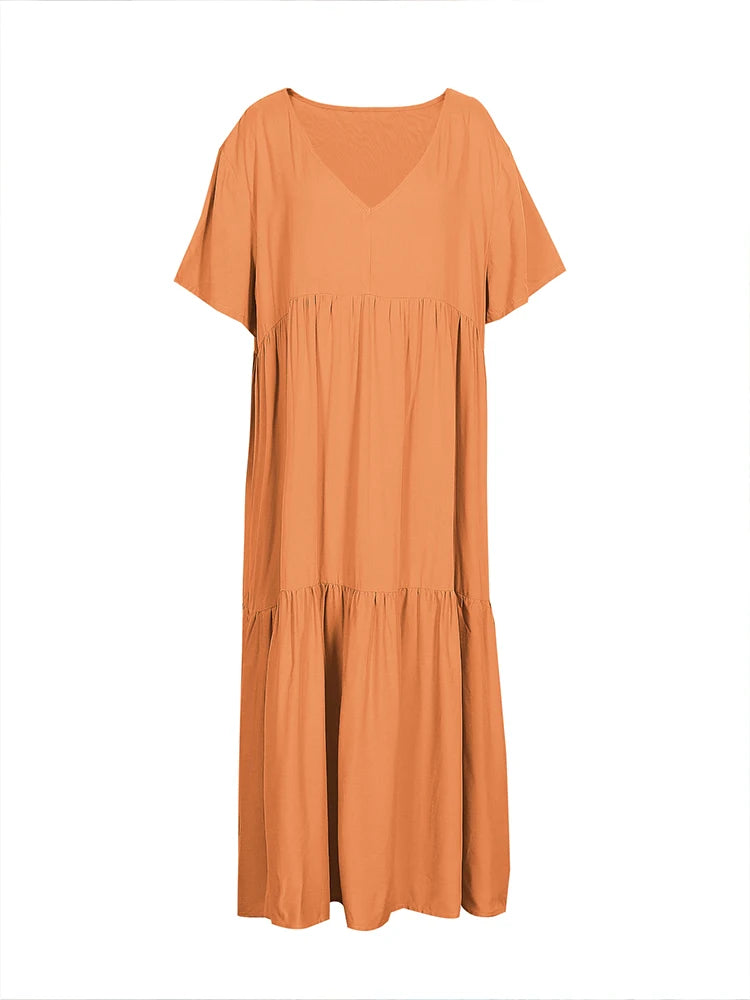 Plus Size Women's V Neck Pleated Solid Ankle Length Dress For Spring Summer