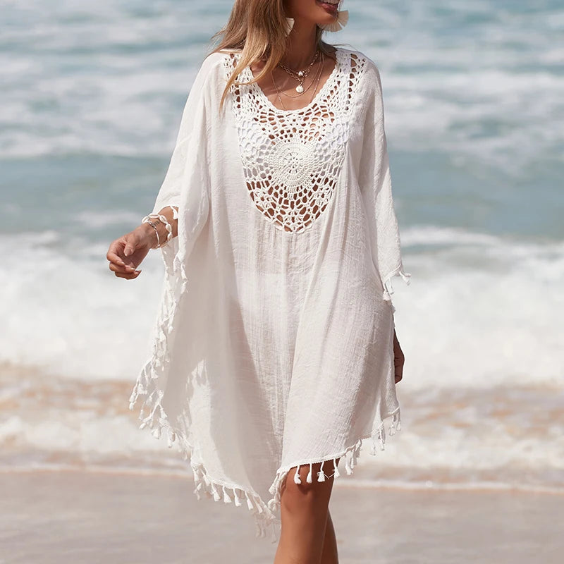 Women's Handmade Crochet Splicing Swimsuit Cover-Ups With Tassel Summer Holiday Beach Casual Loose Sunscreen Short Dress