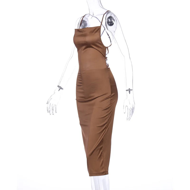 Neon Satin Lace Up Womens Light Pink Midi Dress Backless Bodycon Party Clubwear