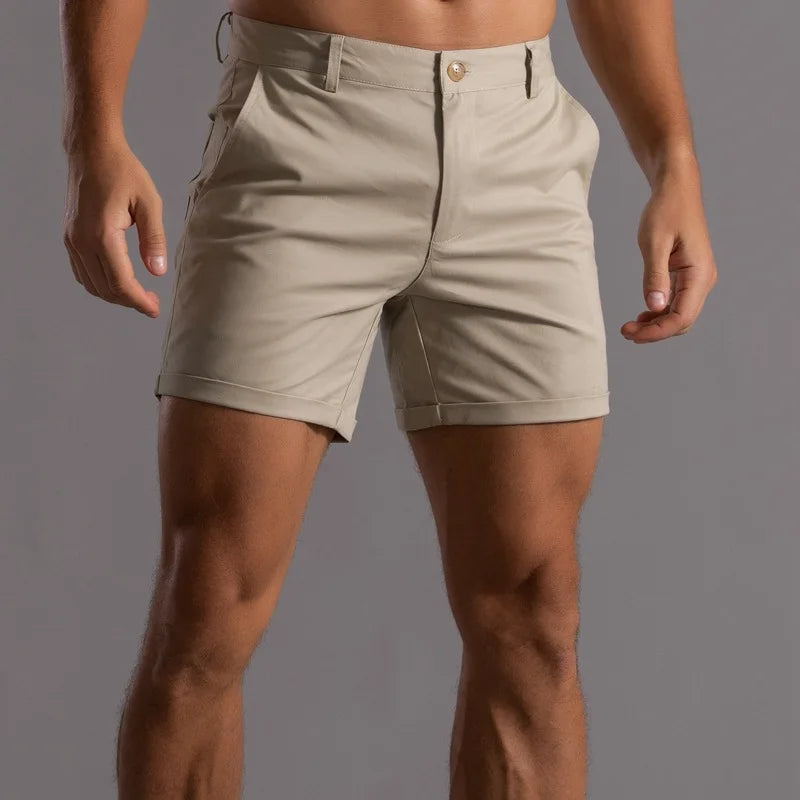 Men Slim Fit Chino Shorts Rolled Hem Casual Solid Summer Beach Short Pants