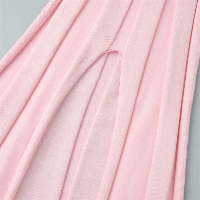Ribbed Knit Maxi Dress for Women Deep V Neck High Slit Patchwork Party Dress