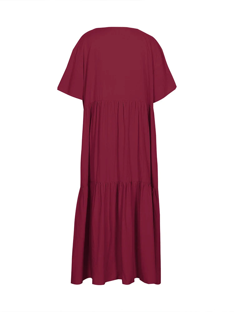 Plus Size Women's V Neck Pleated Solid Ankle Length Dress For Spring Summer