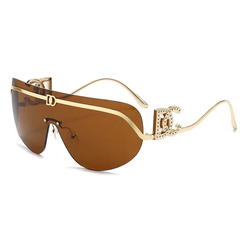 2026 Luxury Women Rimless Shield Aviator Sunglasses Gold Metal Frame Letter Accent Shades UV400 Eyewear for Women Lentes De Sol