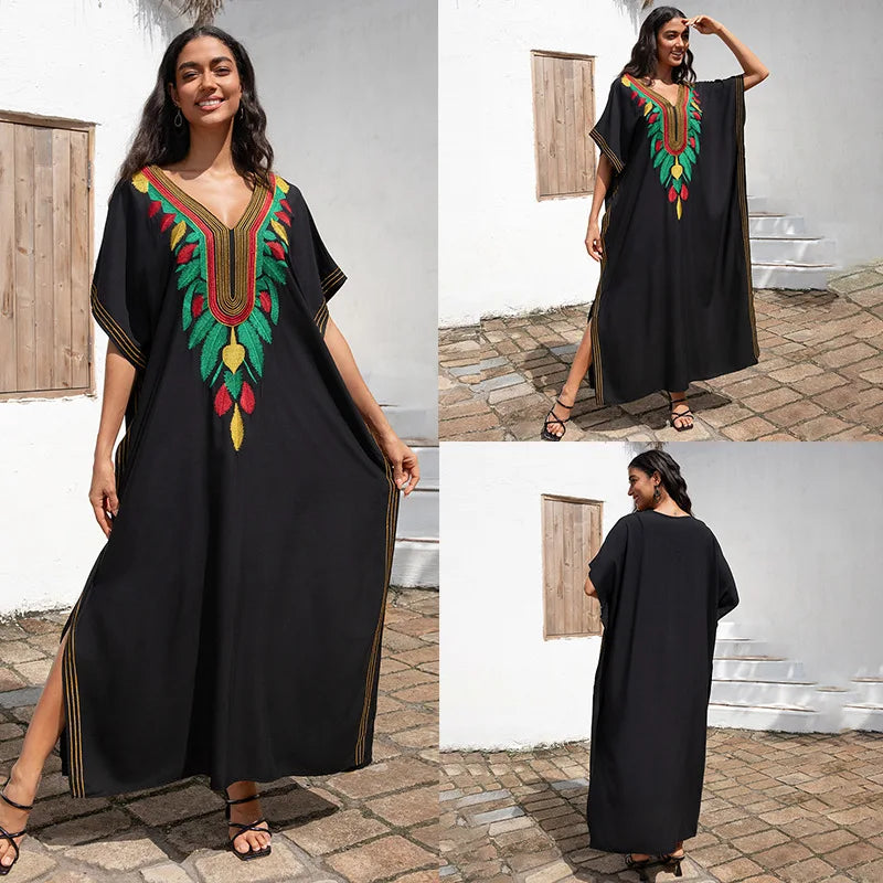 Embroidery Beach Kaftan Cover up Saida de Praia Swimsuit Bikini cover up Tunics for Beach Pareo Sarong Beachwear