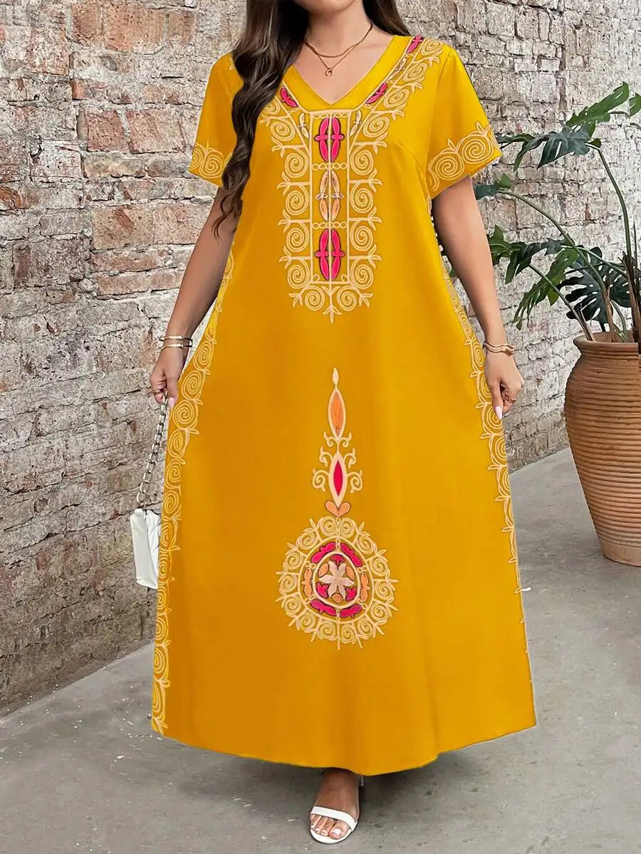 Boho Embroidered Maxi Dress V Neck Short Sleeve Loose Casual Summer Dress