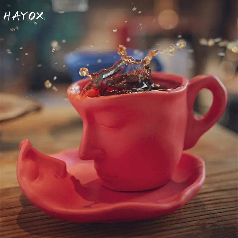 NEW Thingking Cup Mug Creative Coffee Cup and Saucer Set Ceramic Face Model Coffee Mug Kitchen Bar Supplies Coffeeware Set 2023