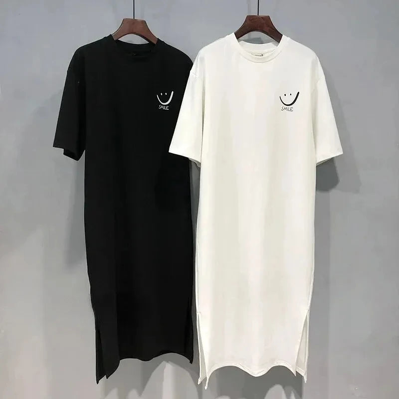 Women's Summer Short Sleeve T Shirt Dress Loose Fit Mid Length Over Knee