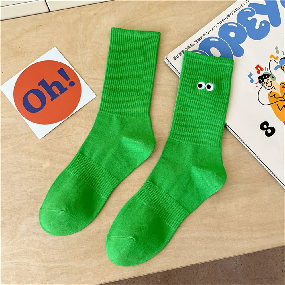 New Women's Embroidered Big Eyes Mid-Tube Socks Ins Trendy Colorful Cartoon Cute Soft Cotton Sports Sokken Dropship