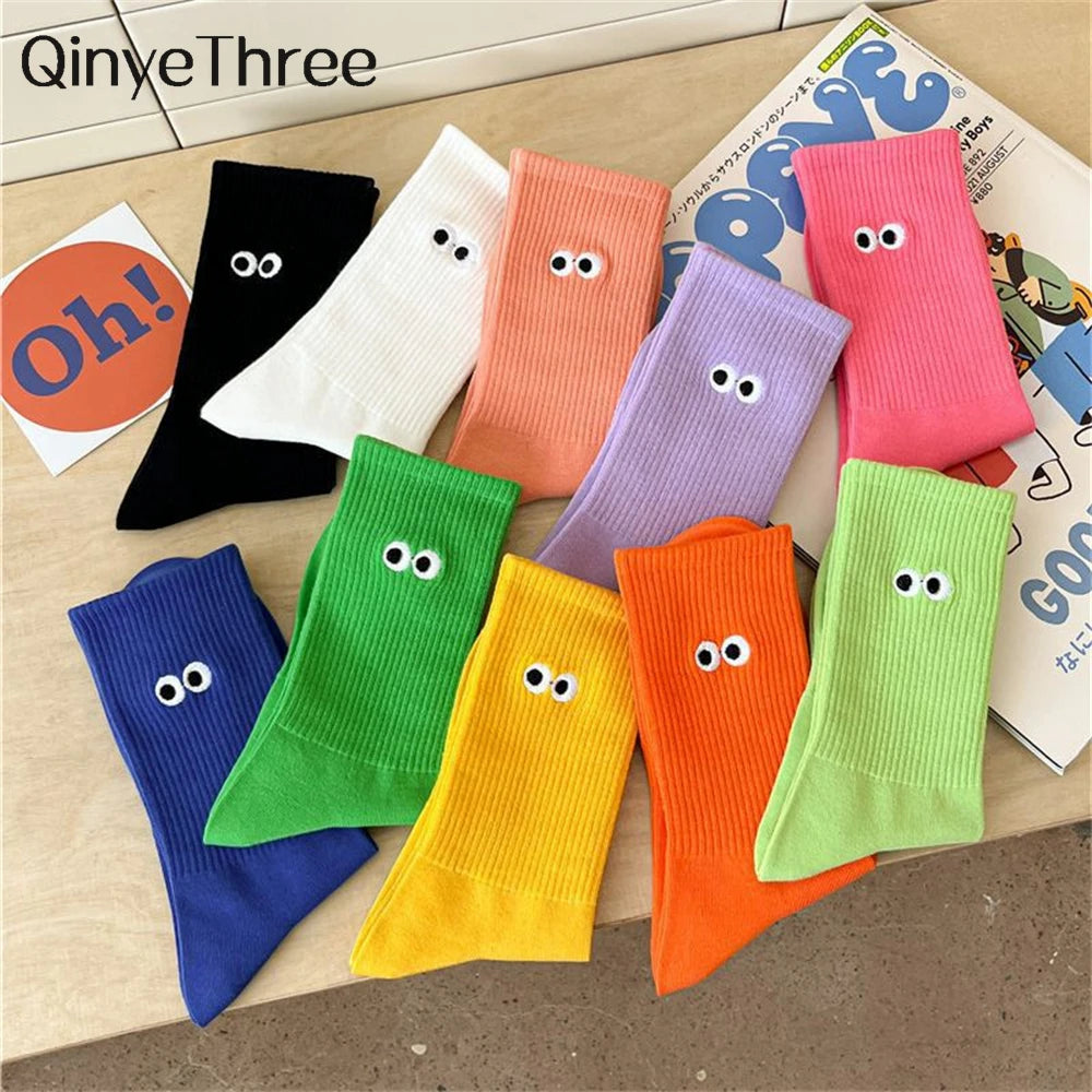 New Women's Embroidered Big Eyes Mid-Tube Socks Ins Trendy Colorful Cartoon Cute Soft Cotton Sports Sokken Dropship