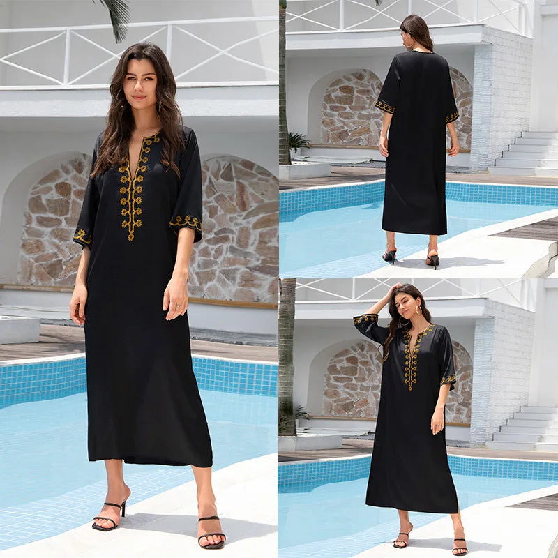 New Fashion European And American Cotton Embroidery Plus Size Long Dress Women's Beach Sun Protection Clothing Bikini Outerwear
