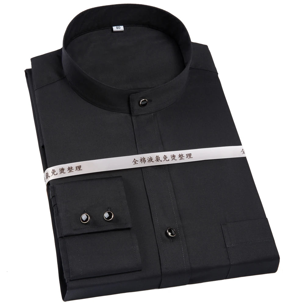 Men's Banded Collar Long Sleeve Solid Dress Shirts Single Patch Pocket Standard-fit Formal Business Casual Blouse Cotton Shirt