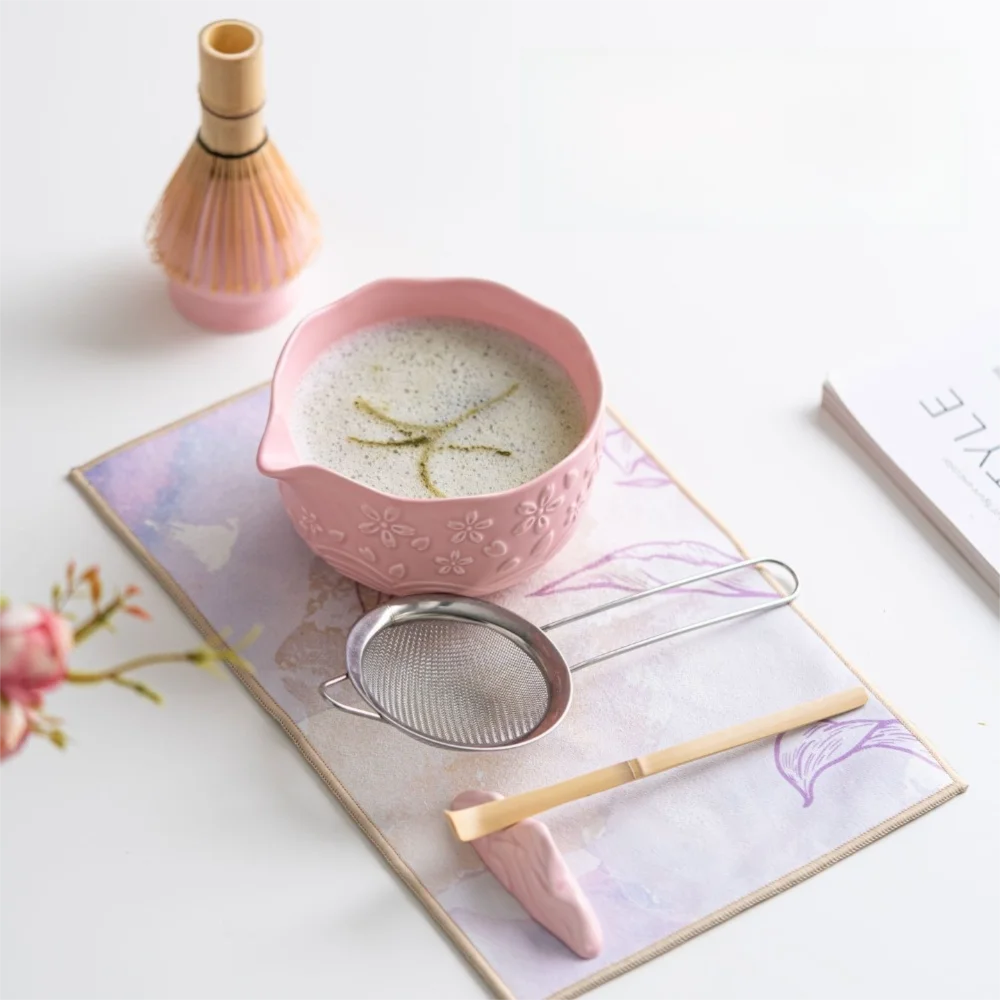 2/4/7 Pcs New Ceramic Matcha Bowl Sakura Flower Matcha Whisk Holder with Pouring Spout Reusable Matcha Making Kit Tea Lovers
