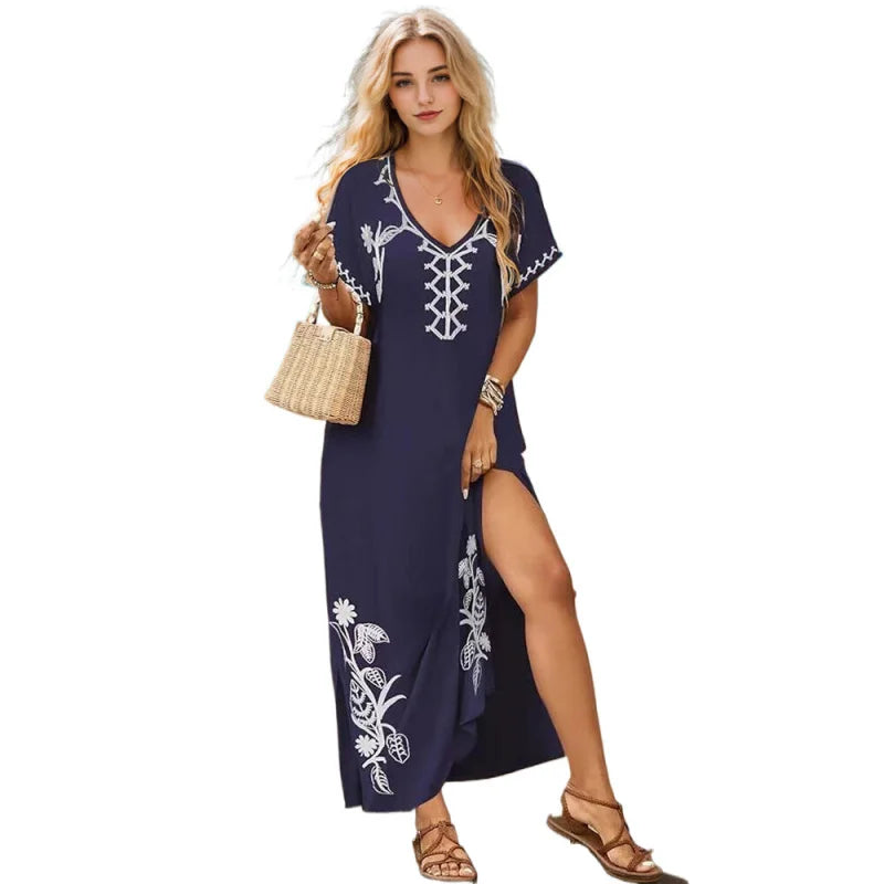 Kaftan dresses for women floral embroidery bathing suit cover up V neck caftan swimsuit coverup