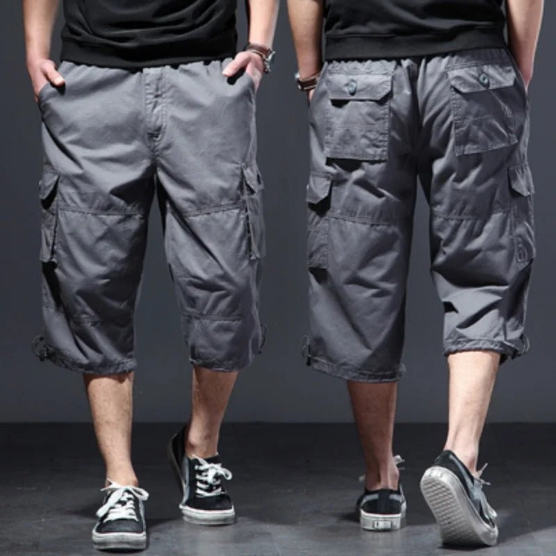 New  Summer thin cropped men's middle-aged pure cotton beach pants shorts plus loose mid length work pants outdoor