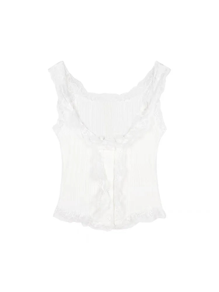 Black Spicy Girl Knitted Strap Vest Women's Summer Pure Desire Sexy Lace Splice Tight Inner Wear Top Outerwear
