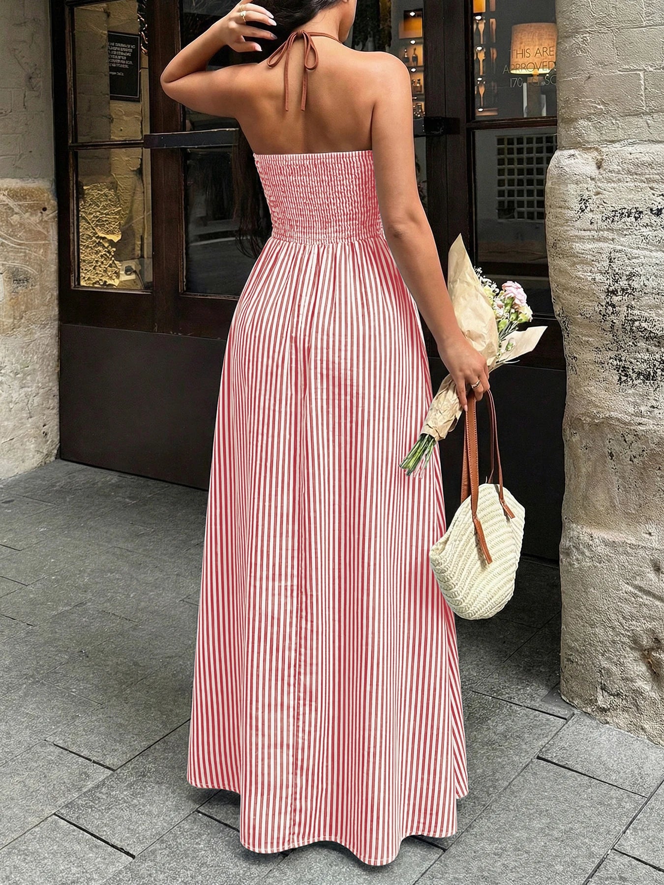 2026 Summer Striped Deep V Neck Backless Sleeveless Beach Long Dress