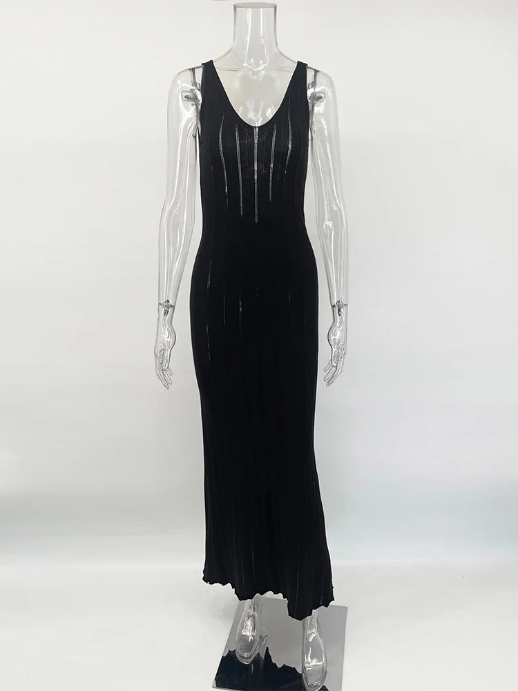 Trendix Knit Backless Maxi Dress For Women V Neck Sleeveless Beach Vacation