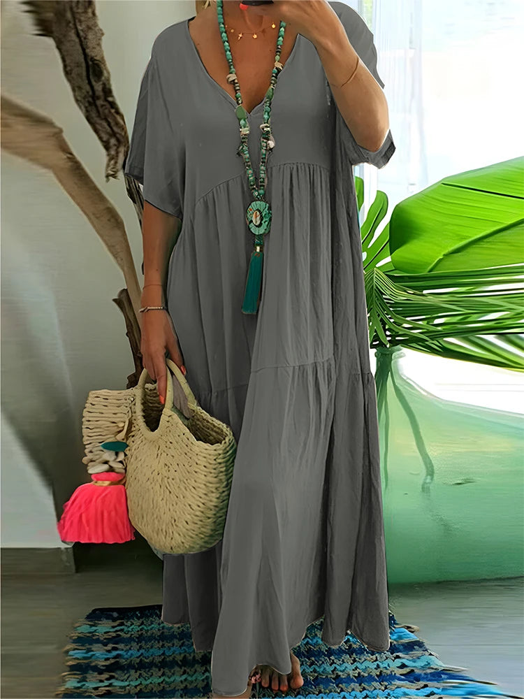 Plus Size Women's V Neck Pleated Solid Ankle Length Dress For Spring Summer