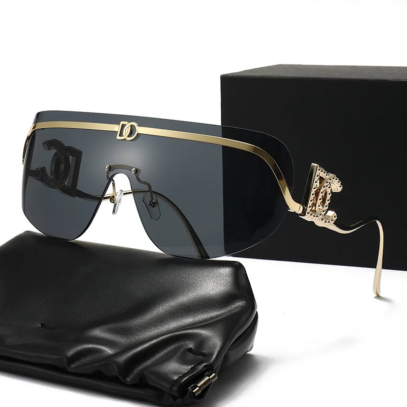 2026 Luxury Women Rimless Shield Aviator Sunglasses Gold Metal Frame Letter Accent Shades UV400 Eyewear for Women Lentes De Sol