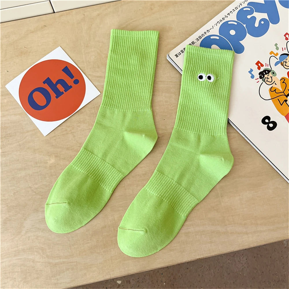 New Women's Embroidered Big Eyes Mid-Tube Socks Ins Trendy Colorful Cartoon Cute Soft Cotton Sports Sokken Dropship