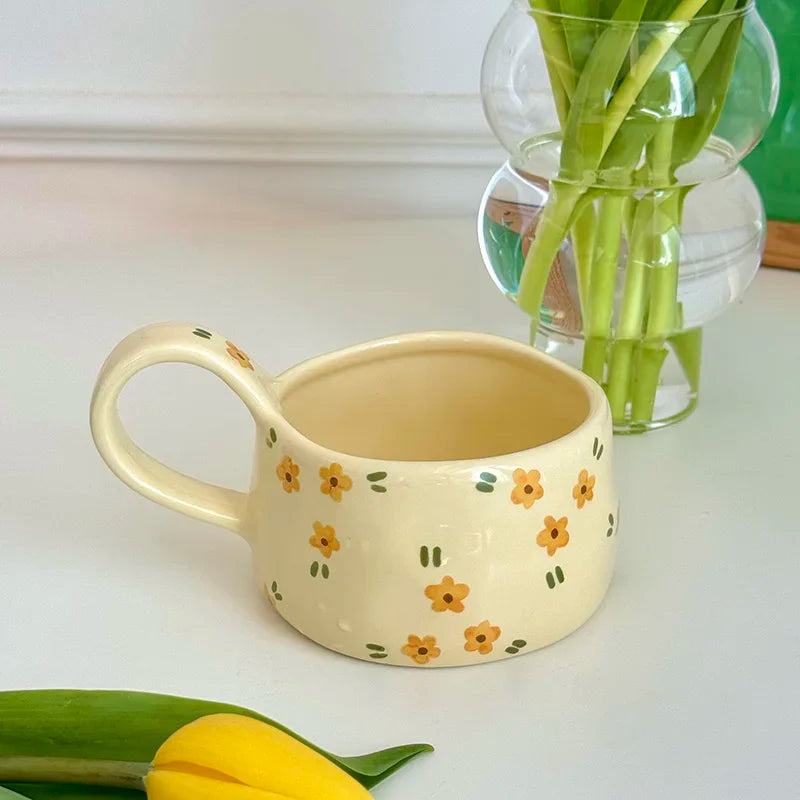 Cream yellow Ceramic Mug Korean Style Cute Flower Pattern Coffee Cup Hand Pinched Irregular Mug Breakfast Milk Tea Cups Watercup