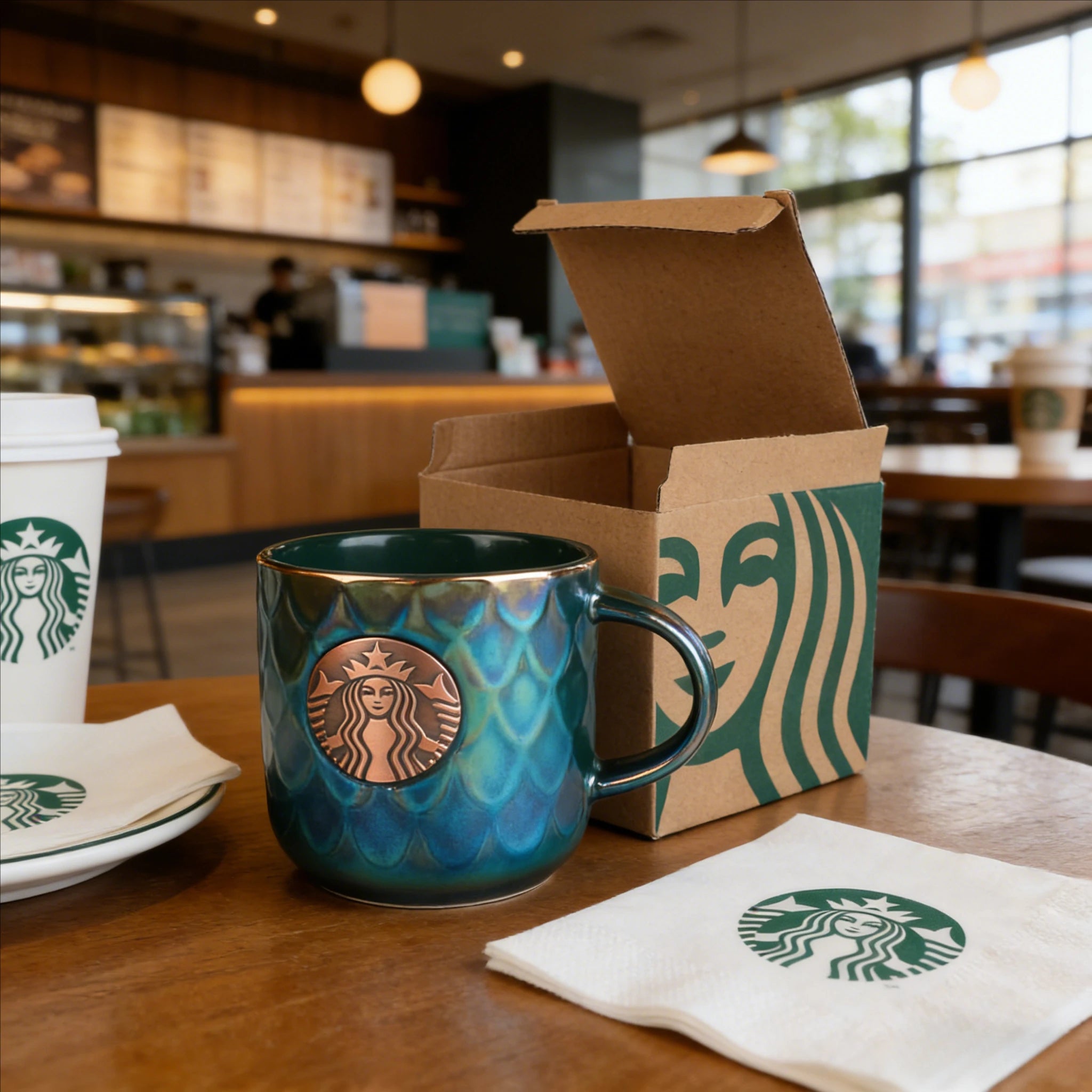 Starbucks Iridescent Green Scale Ceramic Mug 400ml with Copper Logo Gift Box for Home & Office Use