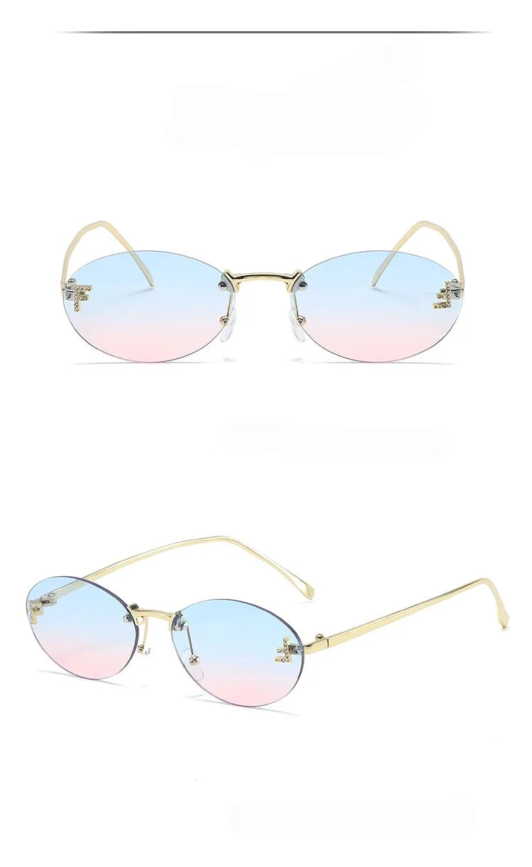 Fashion Oval Frameless Sunglasses Women Sparkling Rhinestone F Design Luxury Sun Glasses Girls shopping travelling eyeglasses