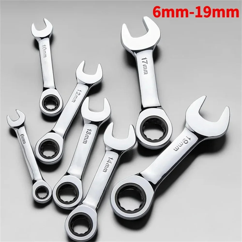 Short Handle Adjustable Head Ratchet Wrench Labor-Saving Dual-Purpose Auto Repair Hardware Tool For Nuts Bolts Fastening Work