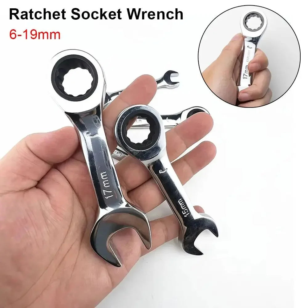 Short Handle Adjustable Head Ratchet Wrench Labor-Saving Dual-Purpose Auto Repair Hardware Tool For Nuts Bolts Fastening Work