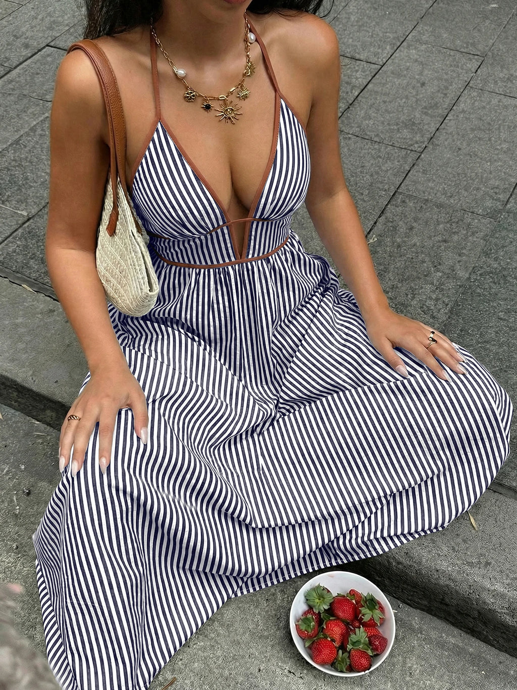 2026 Summer Striped Deep V Neck Backless Sleeveless Beach Long Dress