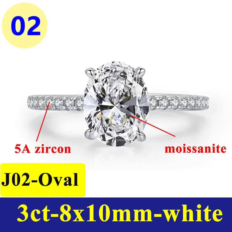 1-3CT Moissanite D Color VVS Diamond Women's Oval Radiant Ring S925 Silver Ring Plated White Gold Jewelry Rings for Women