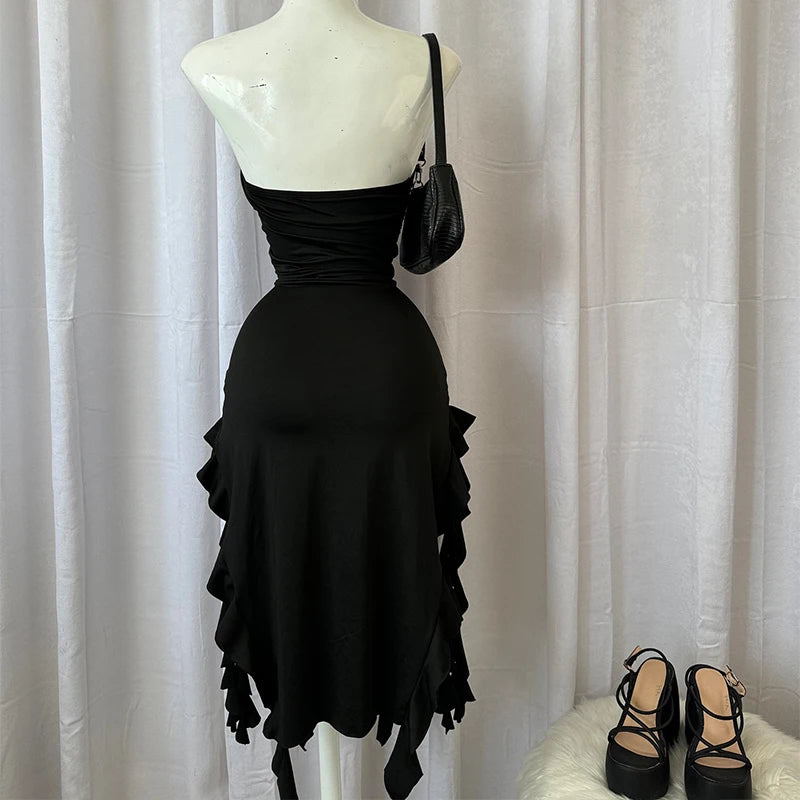 Women Strapless Floral Mini Dress With High Slit Backless Sleeveless Black Pink