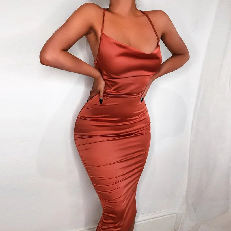 Neon Satin Lace Up Womens Light Pink Midi Dress Backless Bodycon Party Clubwear