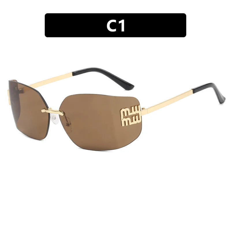 NEW Classic Sun Glasses Female Funky Metal Luxury Rimless Sunglasses Women BrandDesigner Rivets Rectangle Gradient Curved Shades